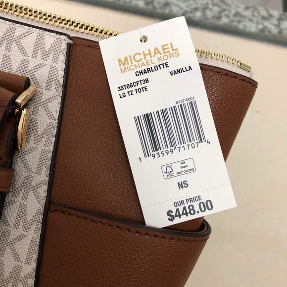 Michael Kors Charlotte Large Leather Top-Zip Tote Bag in Vanilla Acorn / Gold - Picture 7 of 7